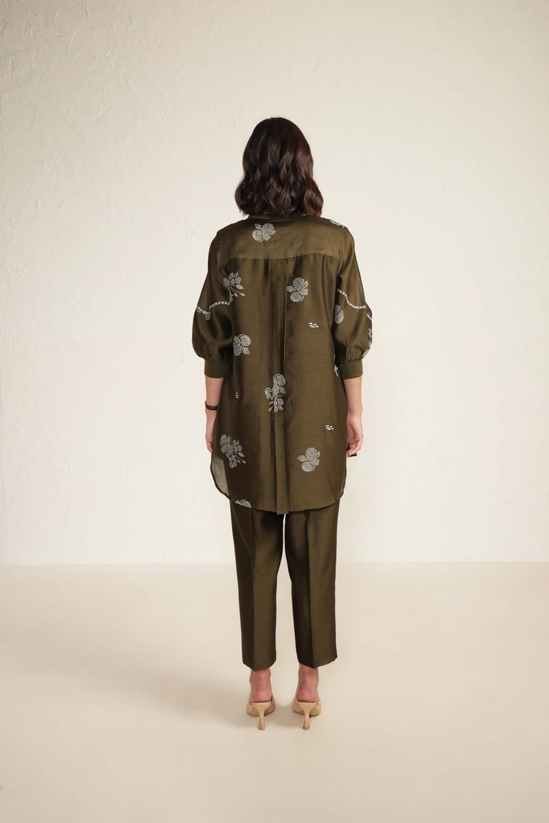 Olive Silk Chanderi Embroidered Shirt and Pant Co-ord Set