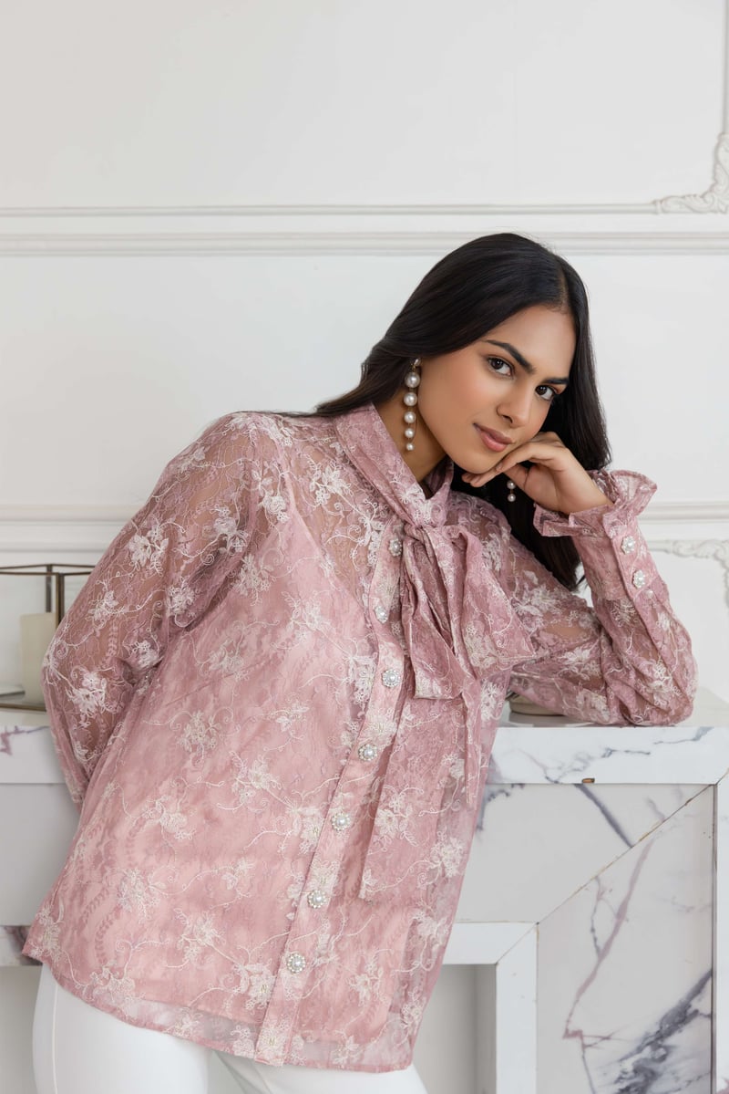 Fioren Blossom Pink French Lace Shirt