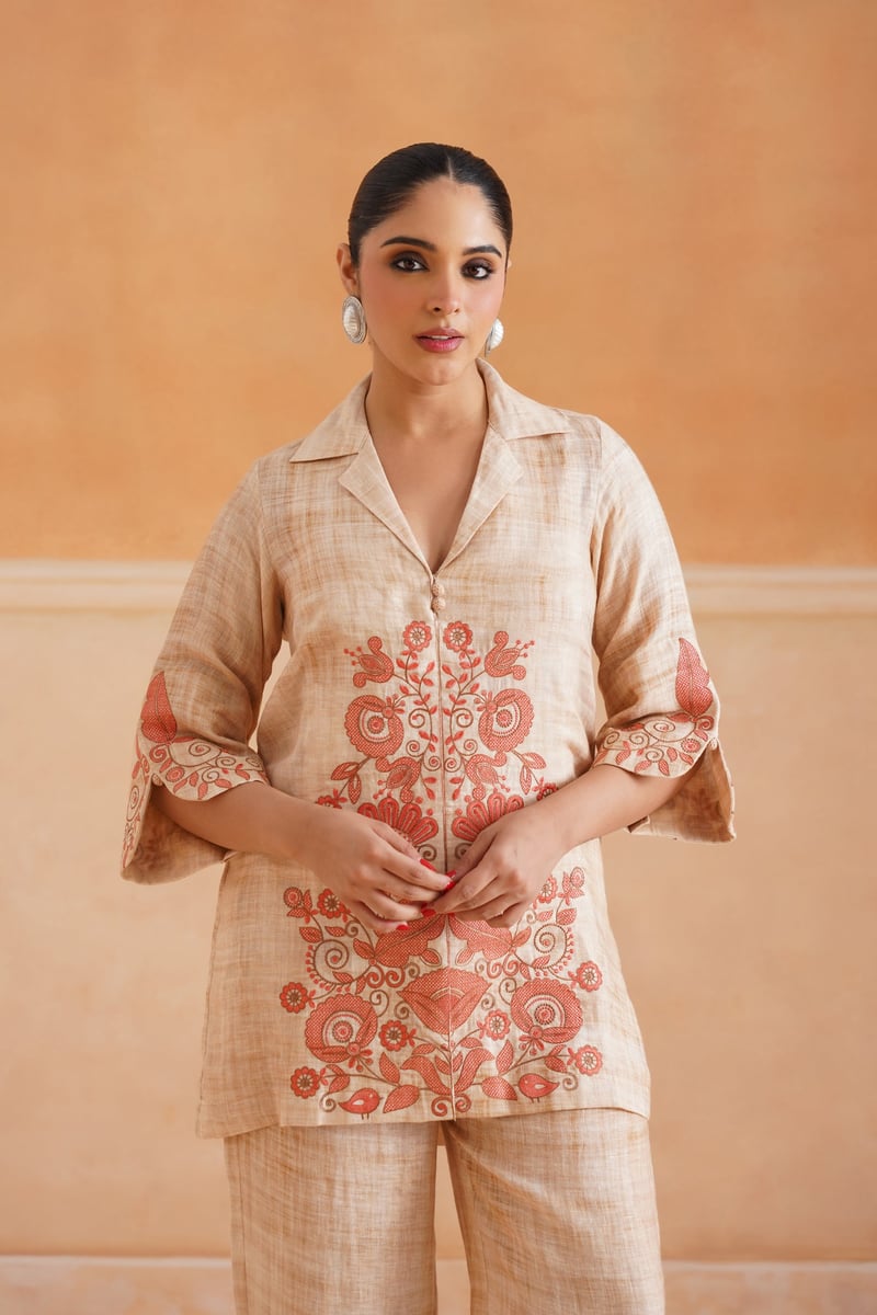 Beige Linen Embroidered Kurta and Pant Co-ord Set