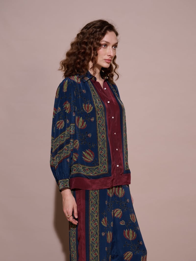 Blue Printed Mandarin Collar Button-Down Blouse