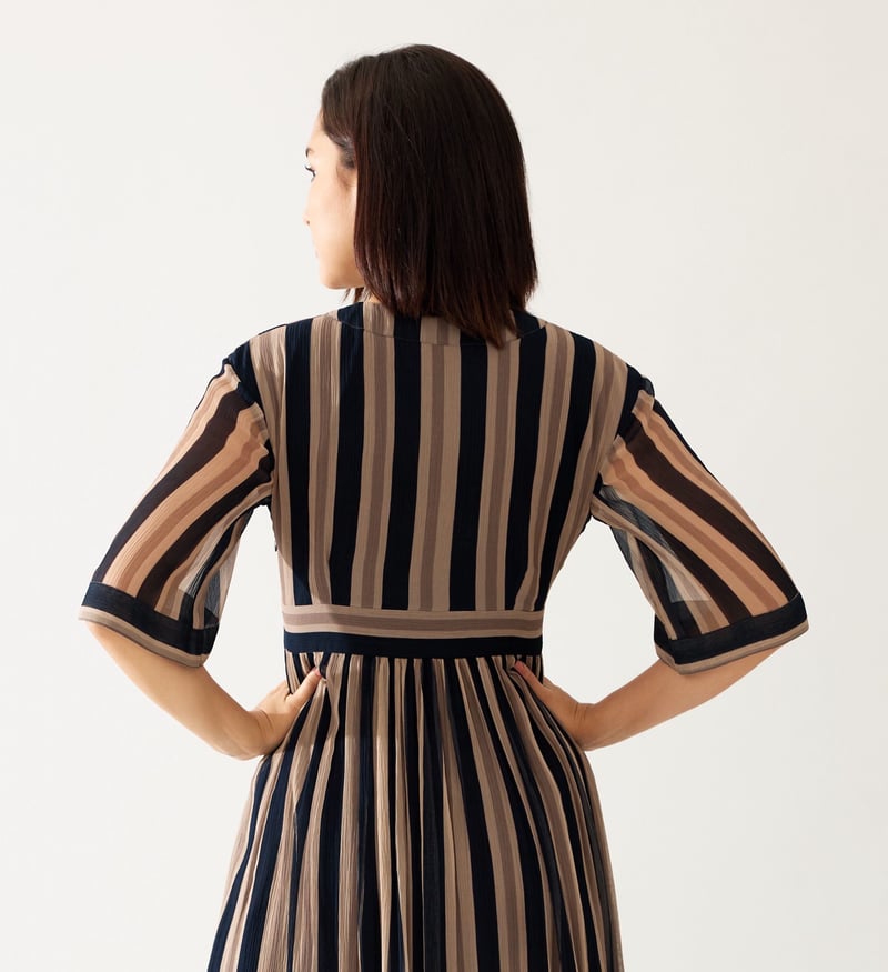Dark Green And Beige Stripe Long Dress
