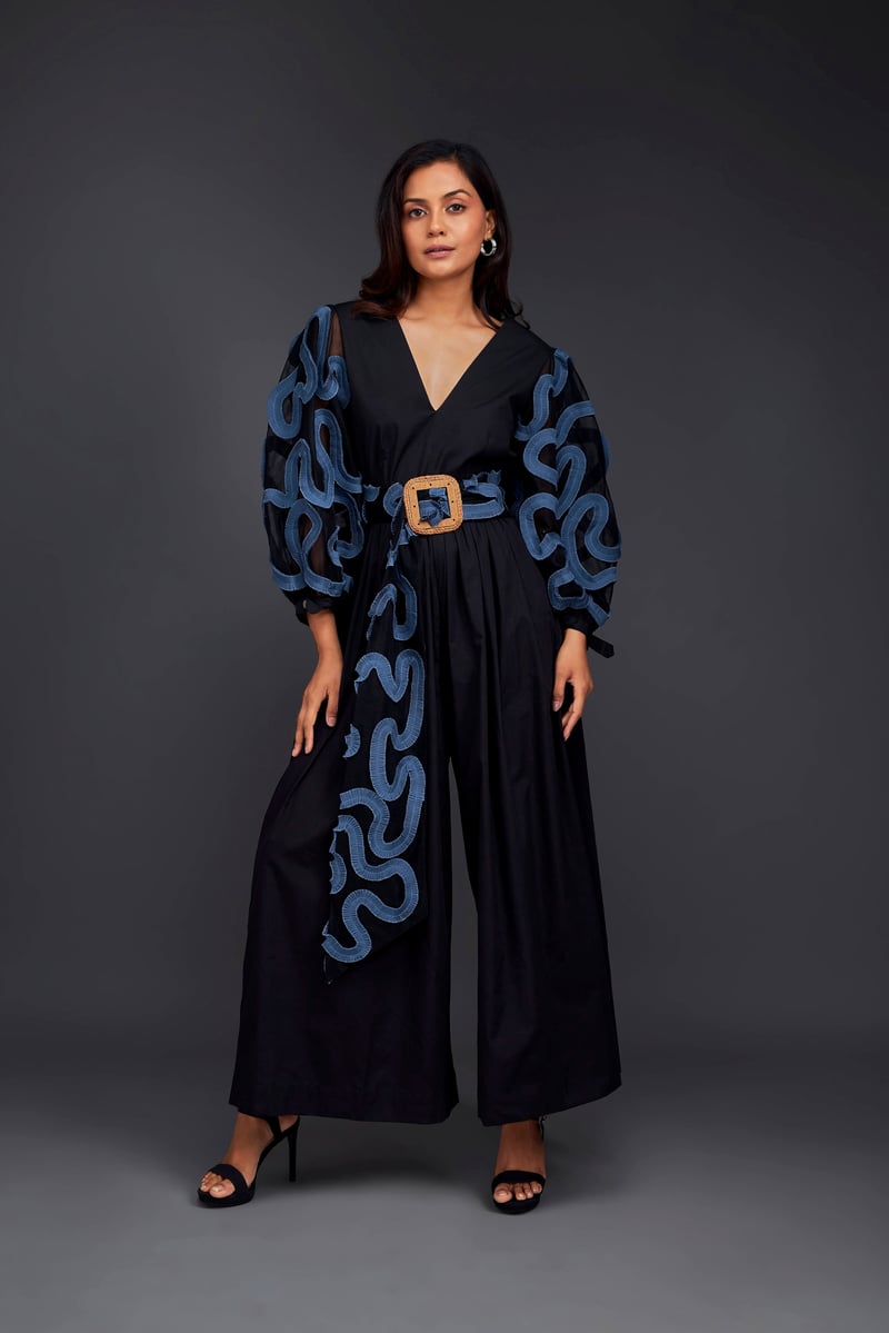Black and Blue Applique Culotte Jumpsuit — Deepika Arora