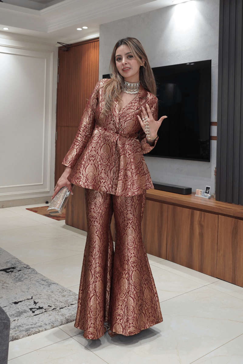 Maroon Brocade Peplum Top and Flared Pants Co-ord Set