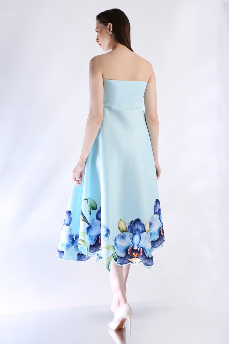 Blue Off-Shoulder Floral Print Fit and Flare Midi Dress