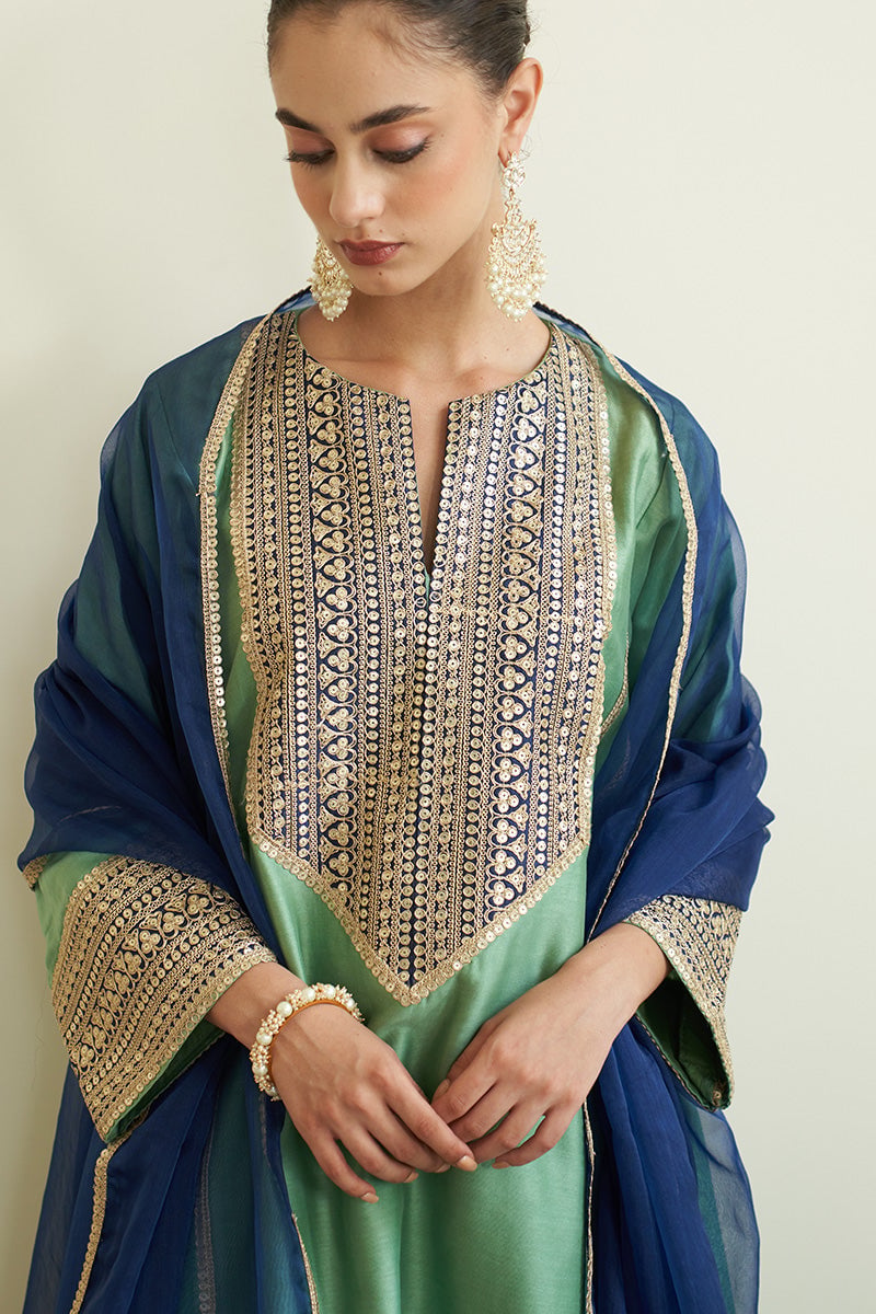 Green Silk Chanderi Kurta Set with Navy Dupatta — Chakkraa