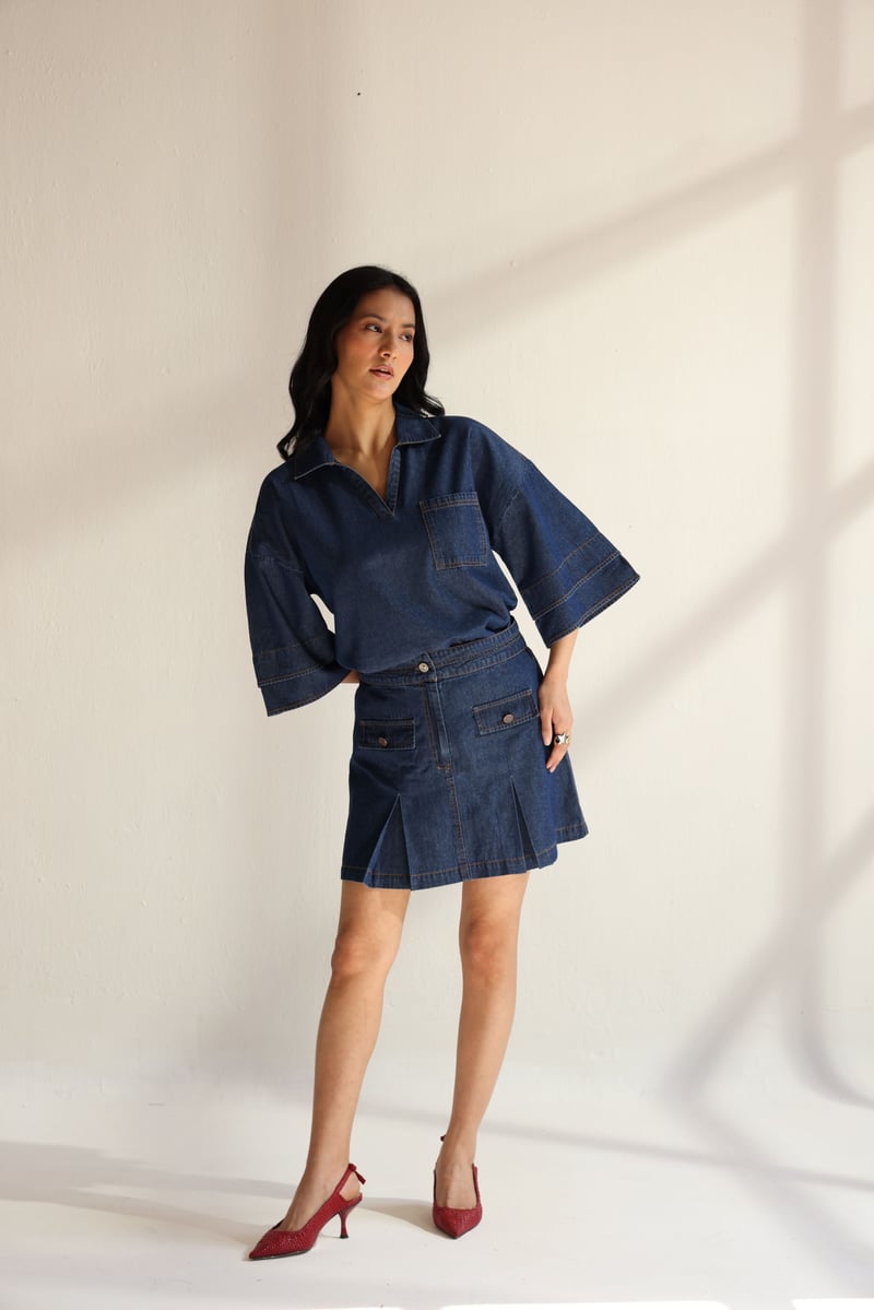 Blue Denim V-Neck Top and Mini Skirt Co-ord Set