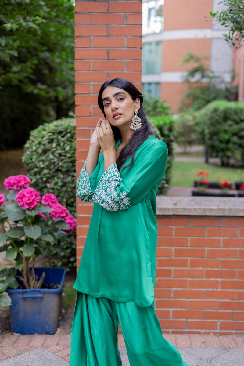 Emerald Green Embroidered Kurta and Farshi Salwar Set