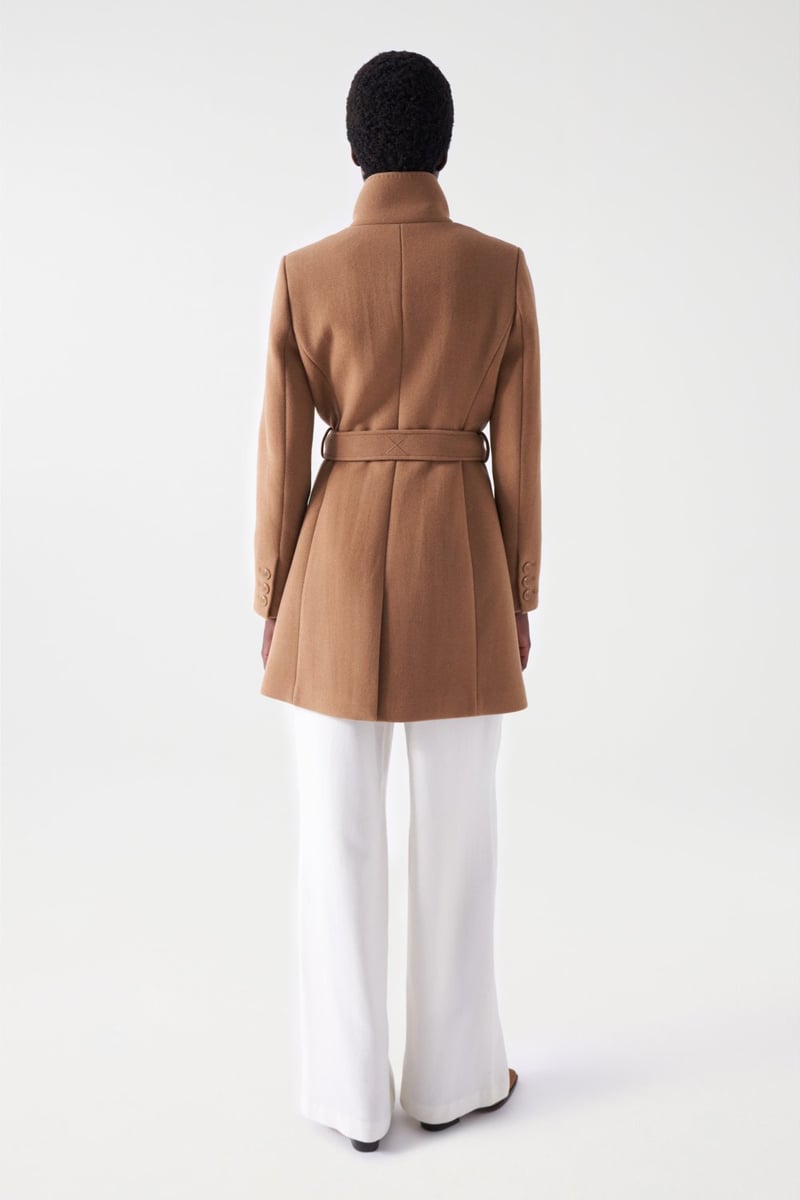 Dark Beige Wool-Blend Belted High-Neck Coat