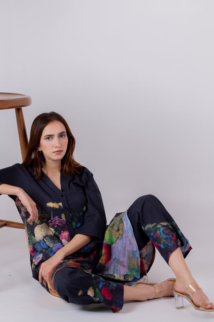 Black Printed Cambric Tunic and Pants Set