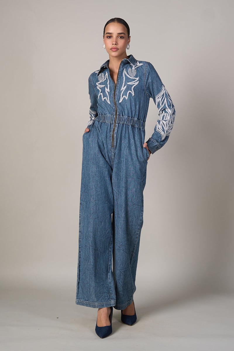 Blue Denim Zip-Front Embroidered Jumpsuit