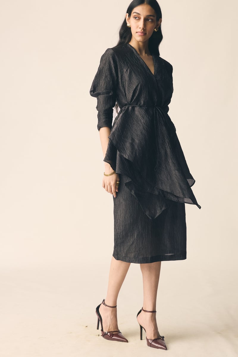 Black Crinkled Organza Wrap Top and Midi Skirt Co-ord Set