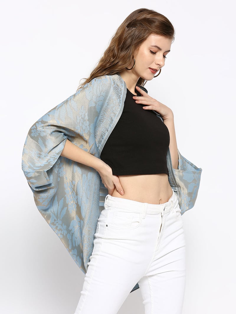 Ice Blue Metallic Brocade Cape Shrug