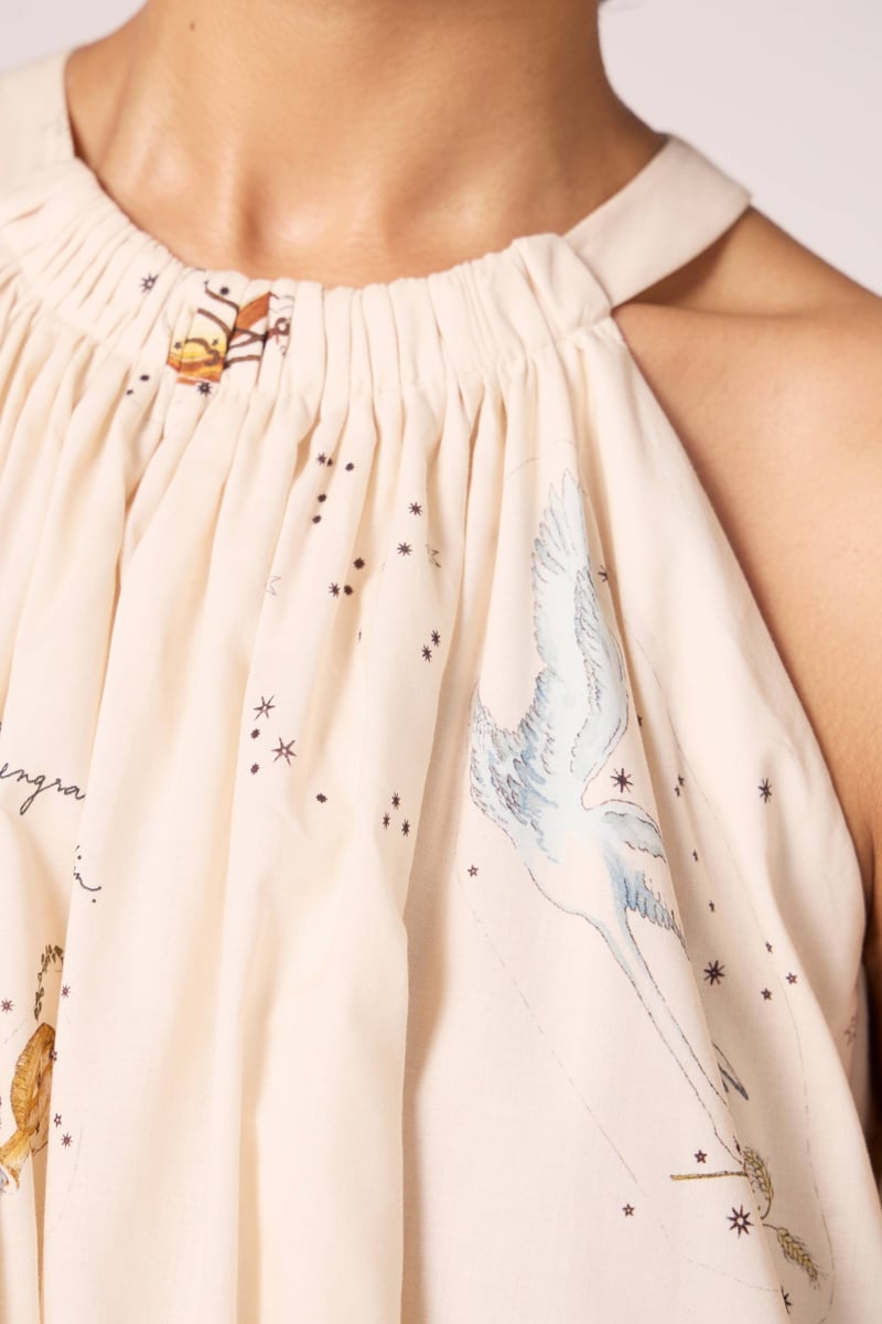 Beige Zodiac Print Halter Mini Dress with Bow-Tie Back