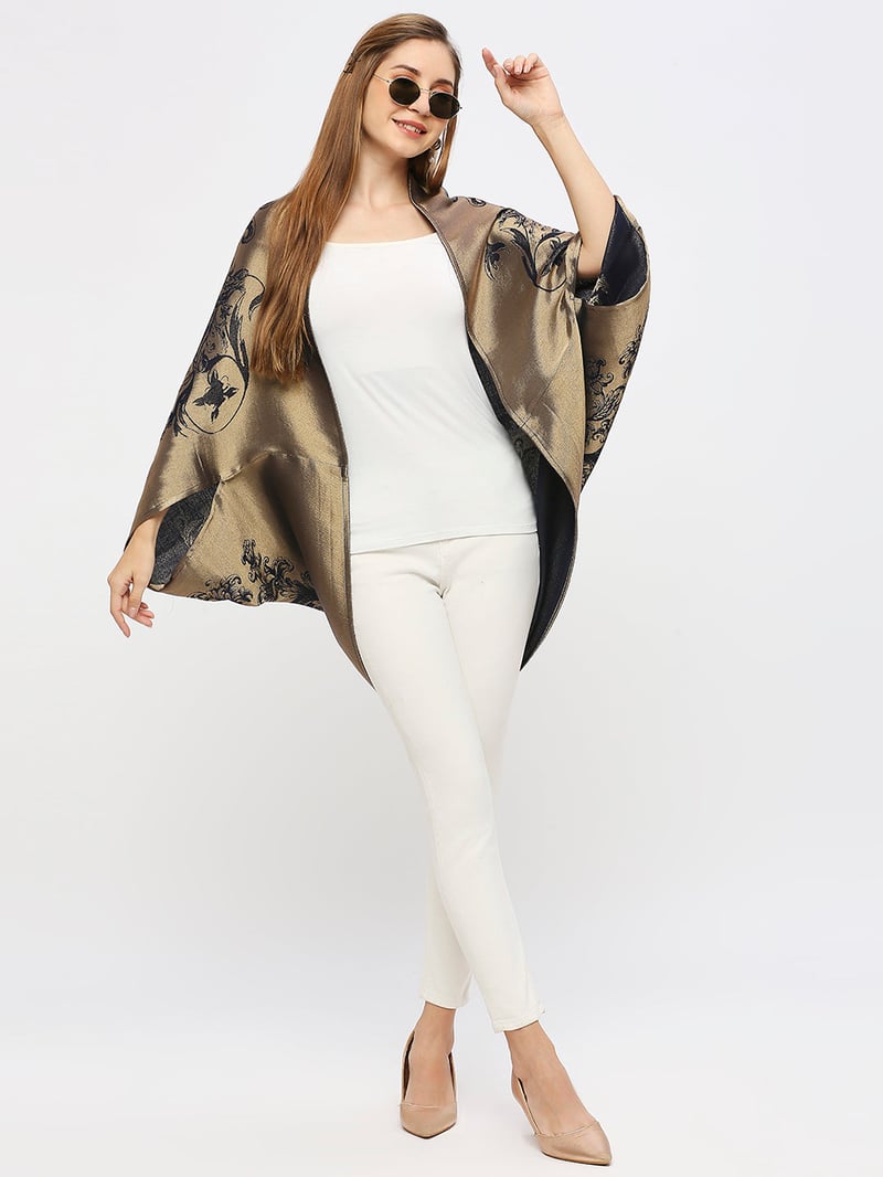 Navy Gold Metallic Brocade Cocoon Shrug