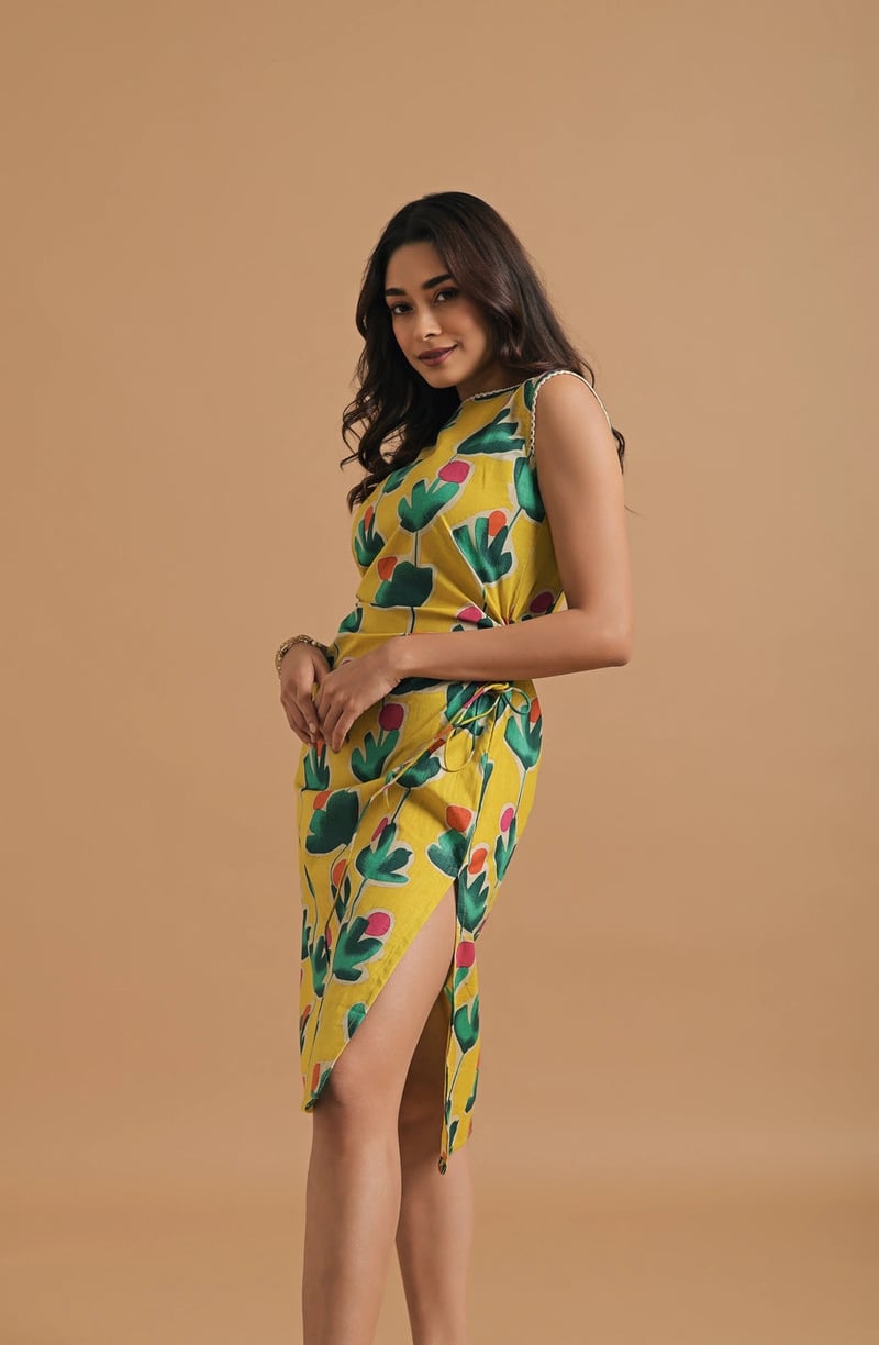 Mustard Yellow Printed Wrap Dress with Side Slit