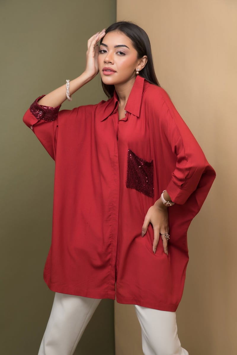 Ruby Red Kaftan-Fit Shirt with Sequin Pocket — Rhe-Ana