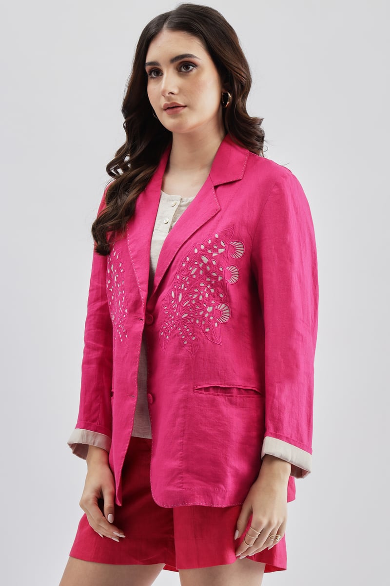 Fuschia Linen Tailored Blazer with Cutwork Detail