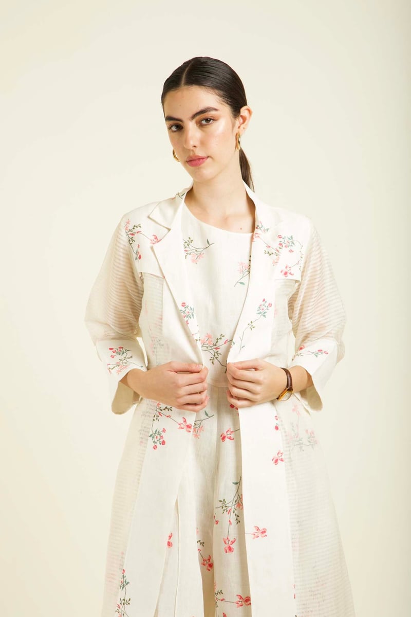 Ivory Floral Printed Linen Jumpsuit with Organza Jacket Set