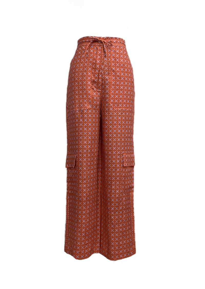 Rust Printed Linen Wide-Leg Drawstring Trousers