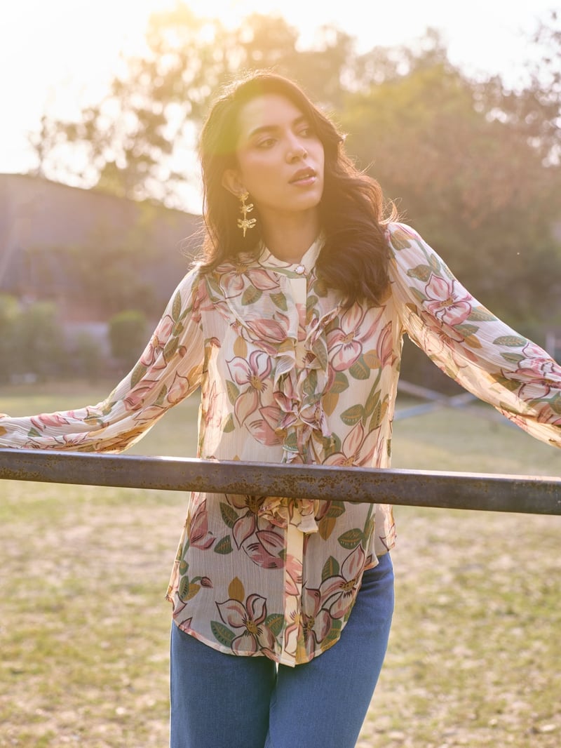 Yellow Floral Chiffon Ruffle High-Neck Top