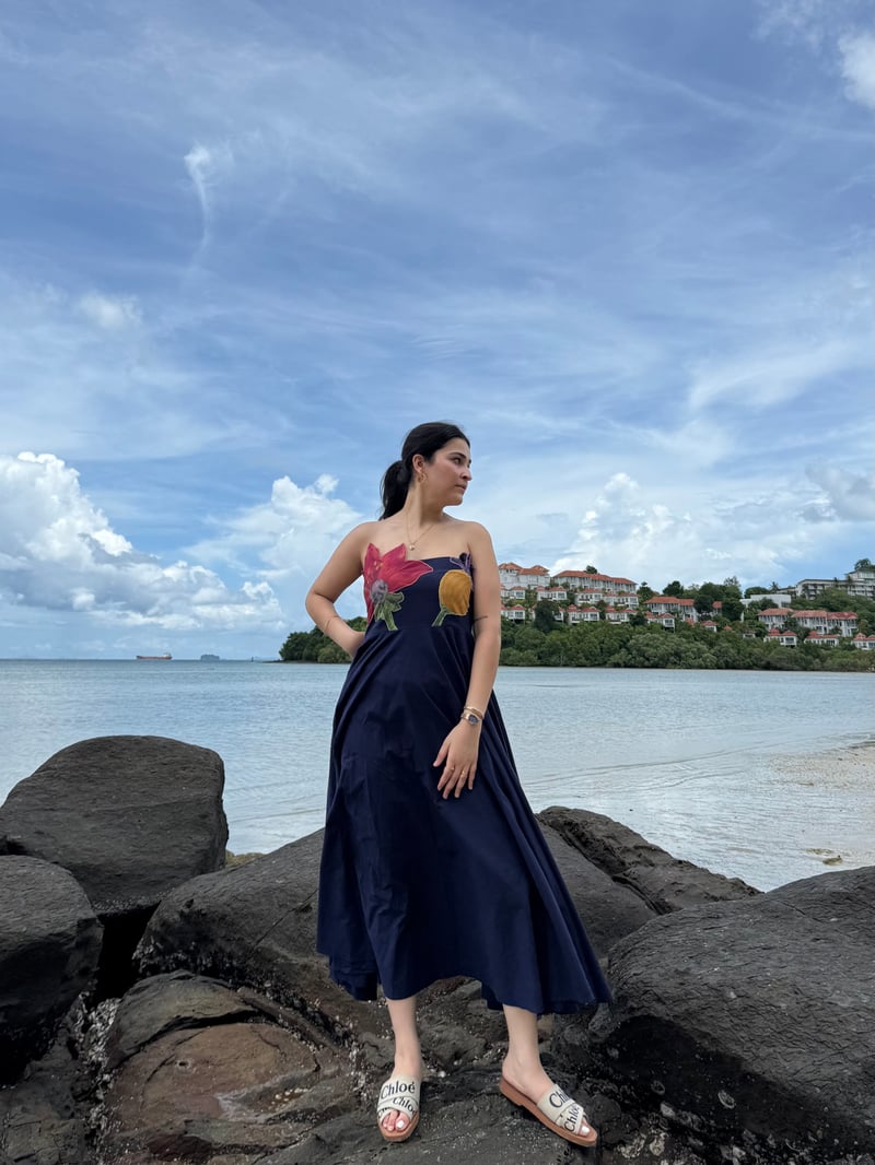 Navy Off-Shoulder Cotton Midi Dress with Floral Applique