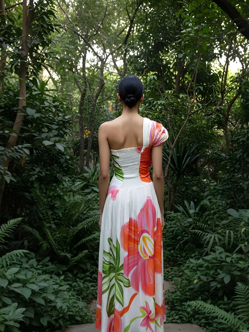 White One-Shoulder Hibiscus Printed Maxi Dress