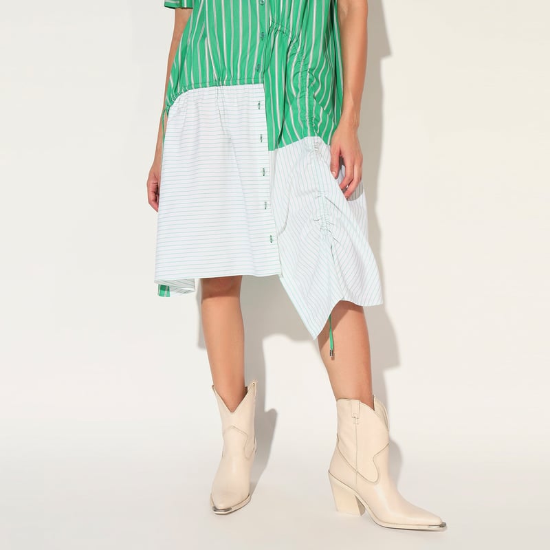 Green Striped Colorblock Cotton Shirtdress