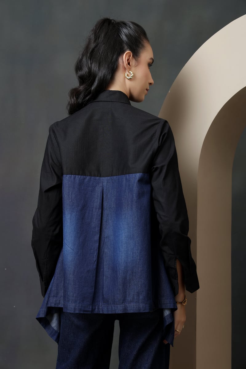 Dark Denim Colorblock Shirt with White Lace Insert
