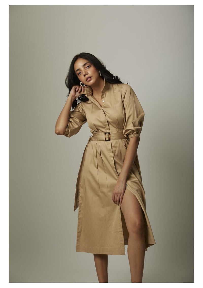 Gold Cotton Satin Belted Midi Shirt Dress