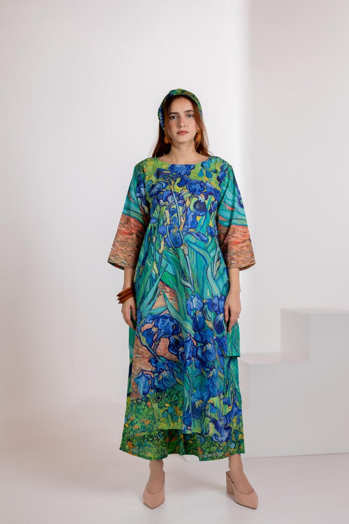 Aqua Blue Floral Printed A-Line Kurta and Pants Set