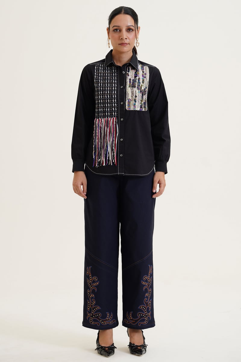Black Fringe Detail Embellished Button-Down Shirt