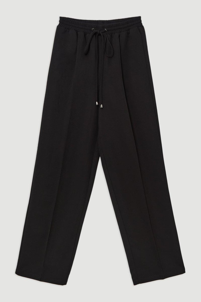 Black Twill Straight-Leg High-Waist Drawstring Trousers