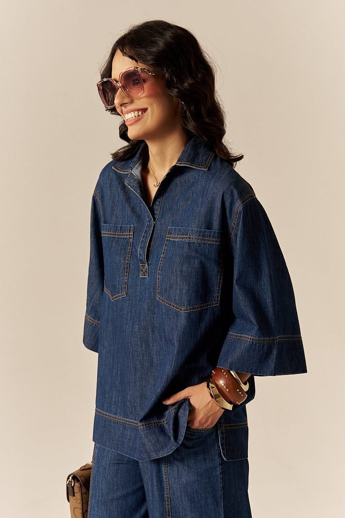 Blue Denim Shirt and Flared Pants Co-ord Set