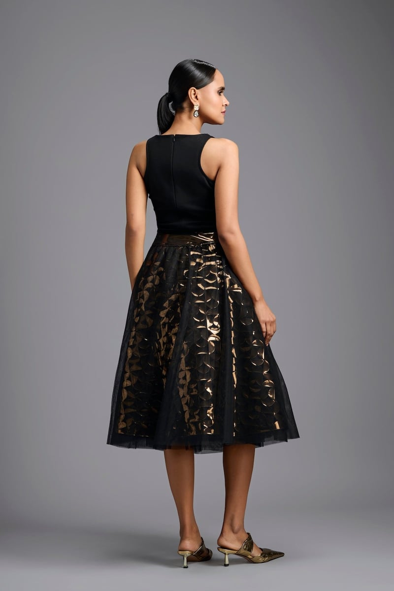 Black and Gold Metallic Cutwork Midi Skirt