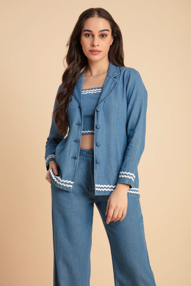 Blue Denim 3-Piece Co-ord Set with Bustier and Jacket