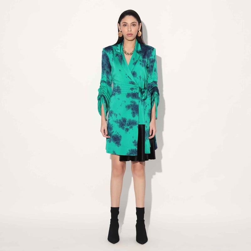 Green Tie-Dye Satin Wrap Jacket Dress