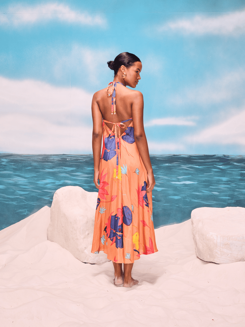 Peach Floral Halter Maxi Dress with Contrast Border
