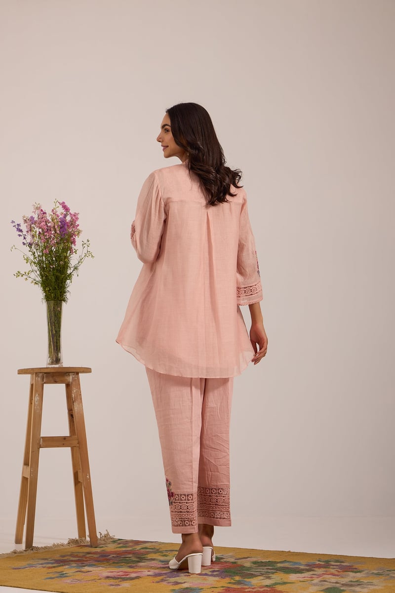 Pink Mul Chanderi Tunic and Straight Pant Co-ord Set