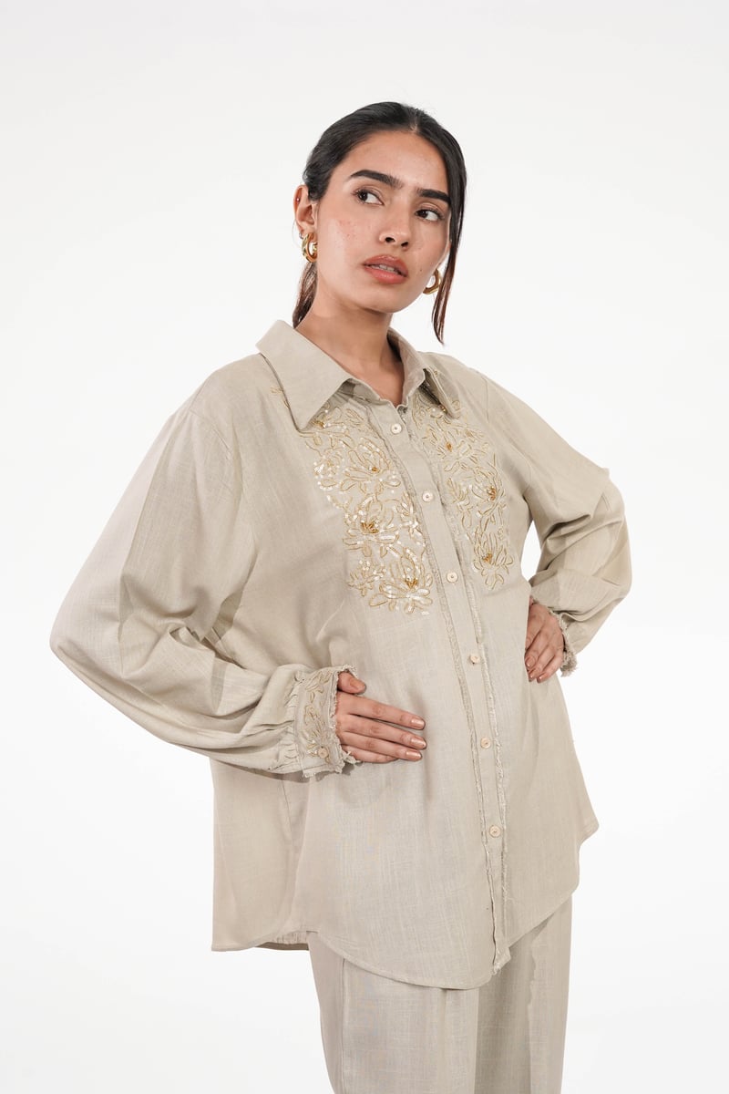 Beige Embroidered Shirt and Wide-Leg Pants Co-ord Set