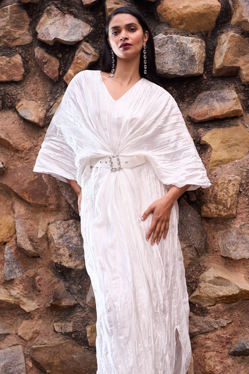 Ivory Crushed Satin Maxi Kaftan Dress with Belt