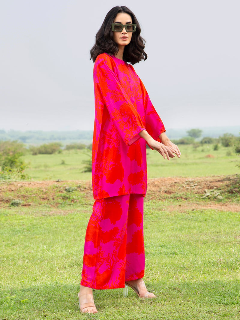 Pink Abstract Printed Tunic and Wide-Leg Pants Co-ord Set