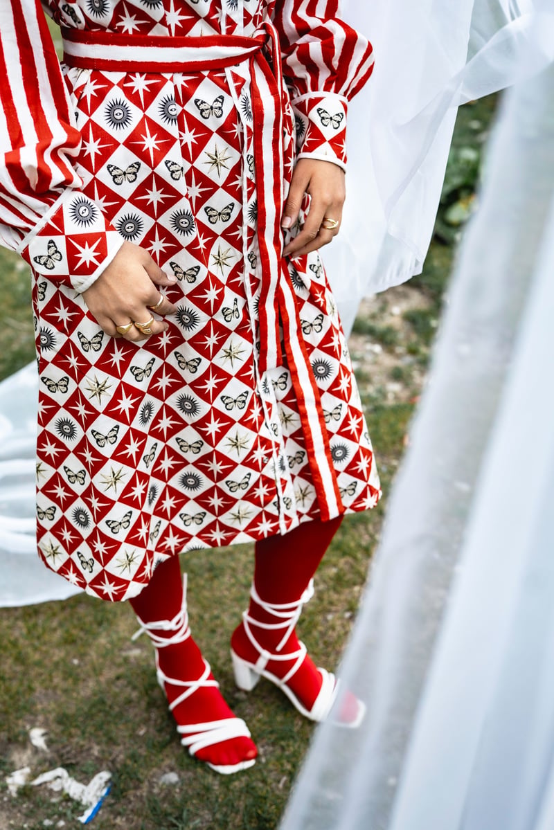 Red and White Printed Midi Shirt Dress with Belt