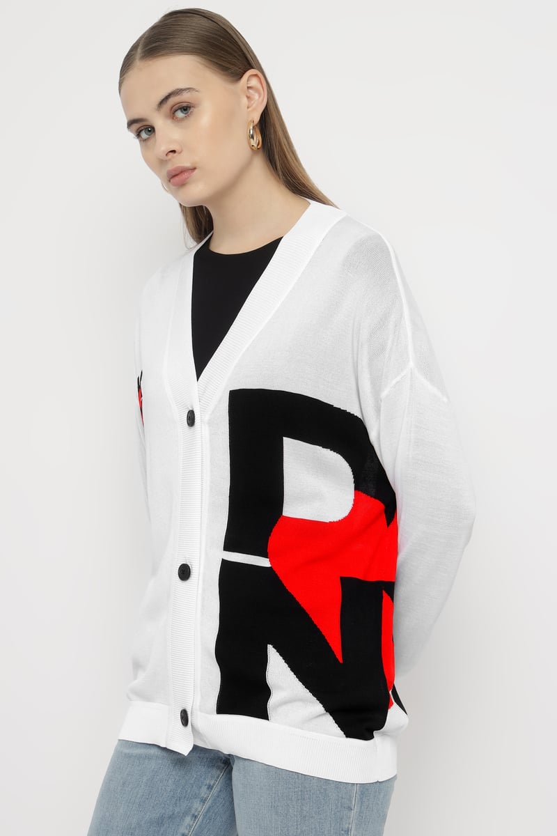 White Colorblock Graphic Button-Up Longline Cardigan