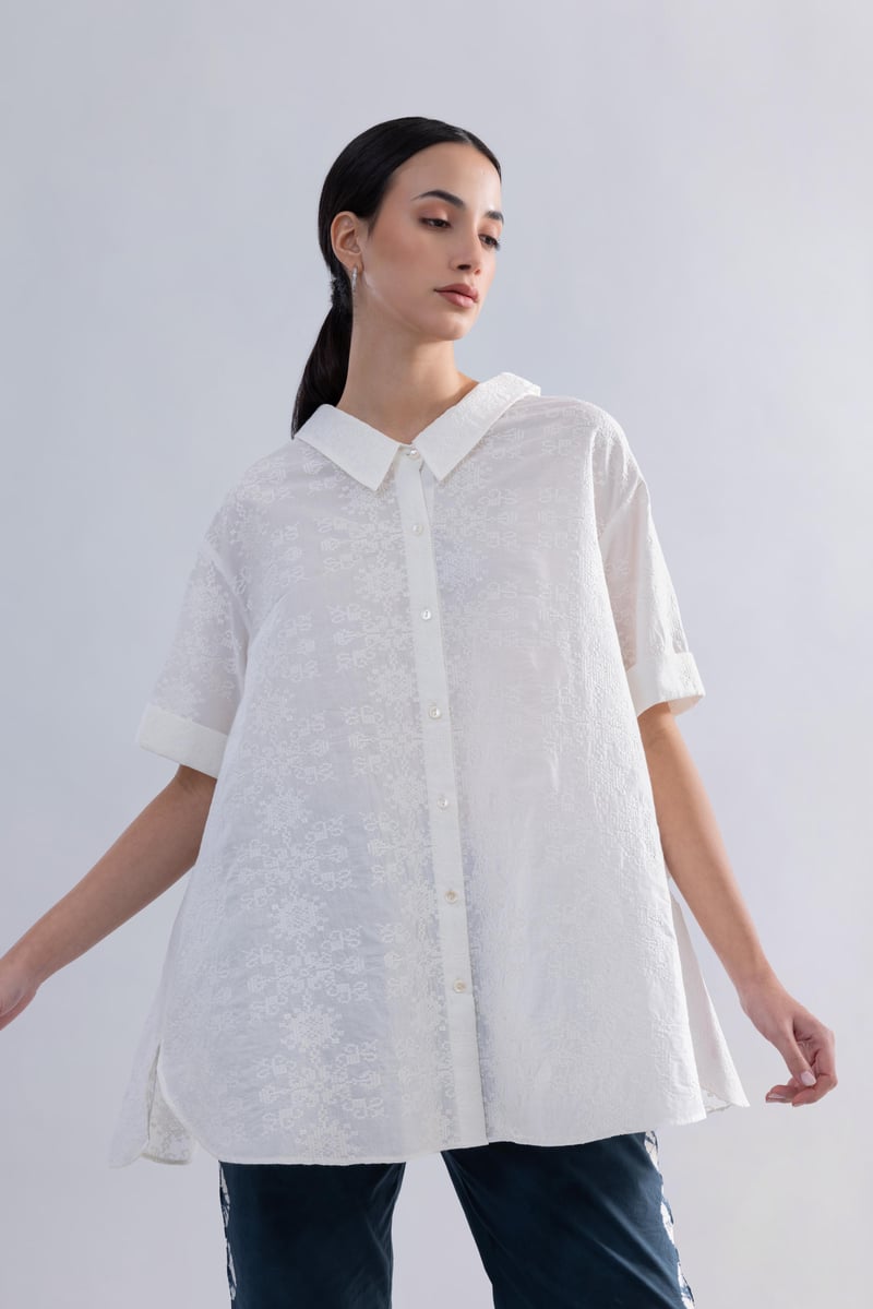White Cotton Schiffli Anti-Fit Button-Down Shirt