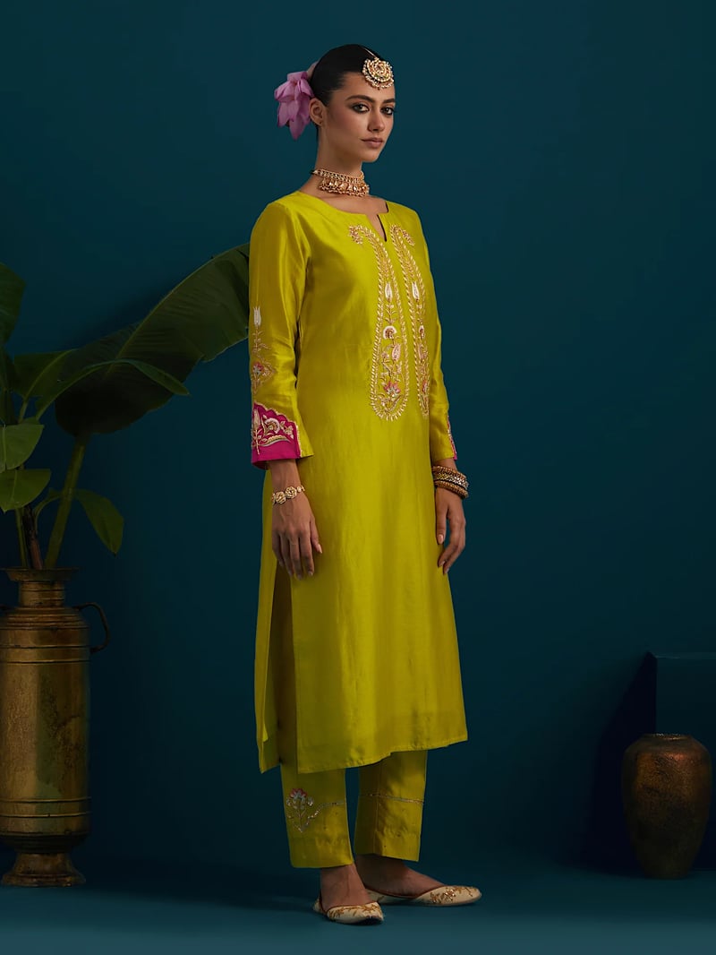 Lime Green Embroidered Yoke Kurta Set with Pants