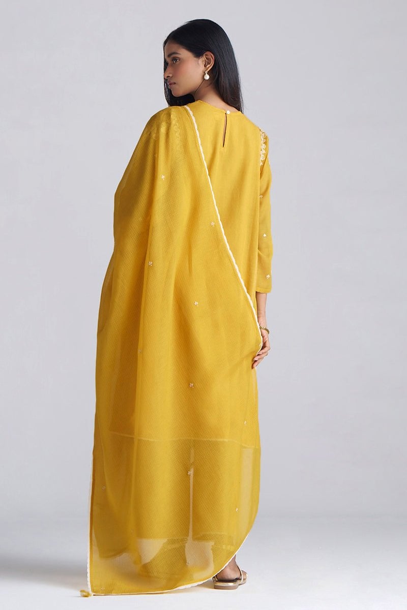 Mango Yellow A-Line Embroidered Kurta Set with Dupatta