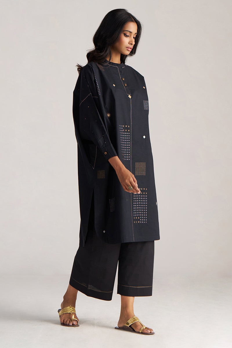 Black Cotton Printed Kurta and Wide-Leg Pants Co-ord Set