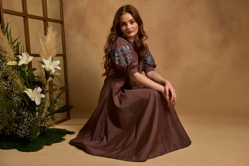 Brown Roman Silk Fit and Flare Midi Dress with Embroidered Sleeves
