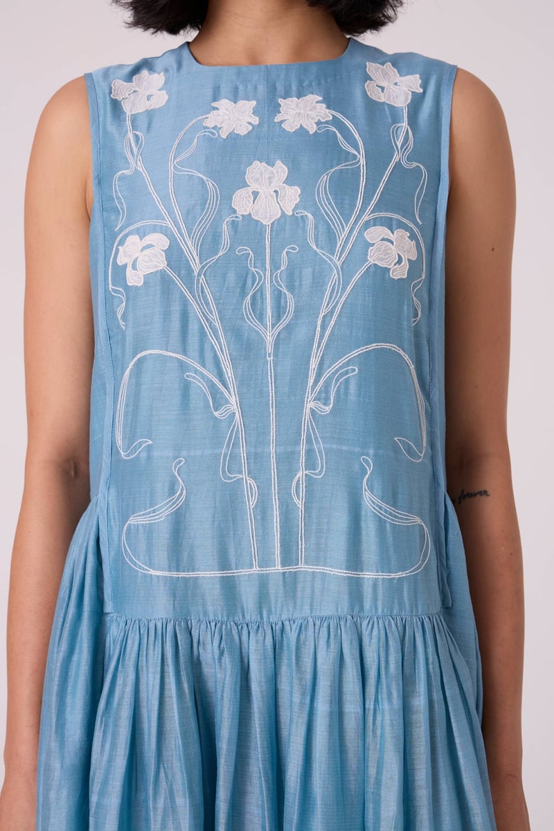Blue Handwoven Chanderi Embroidered Maxi Dress