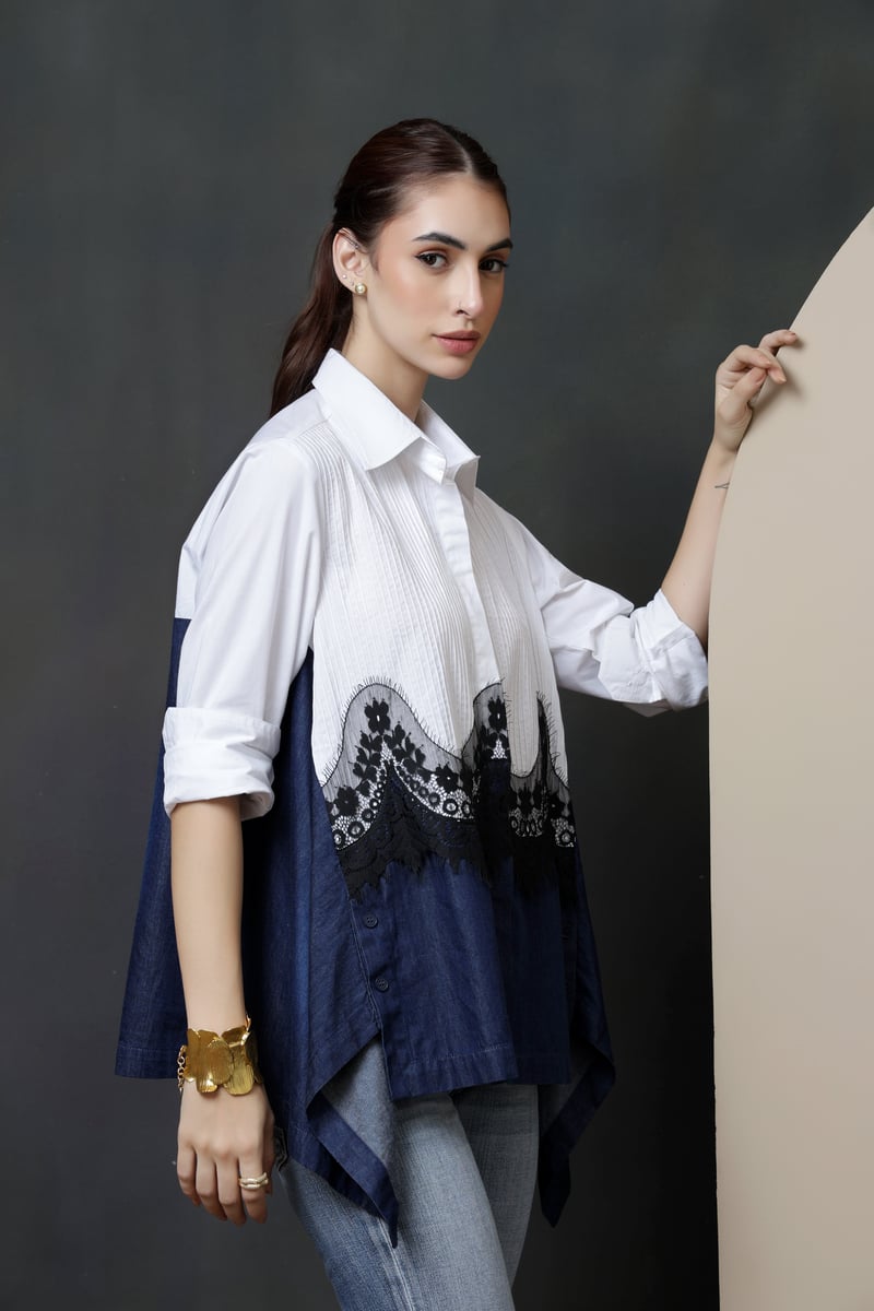 White and Dark Denim Colorblock Lace Panel Shirt